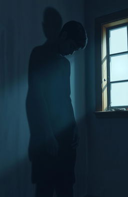 A digital painting depicting the shadow of a young man cast against a textured wall