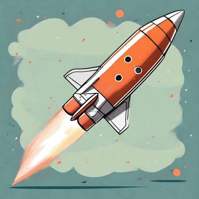 A high-quality digital art illustration of a classic projectile-shaped rocket, colored orange with patches of paint worn off due to wear and tear