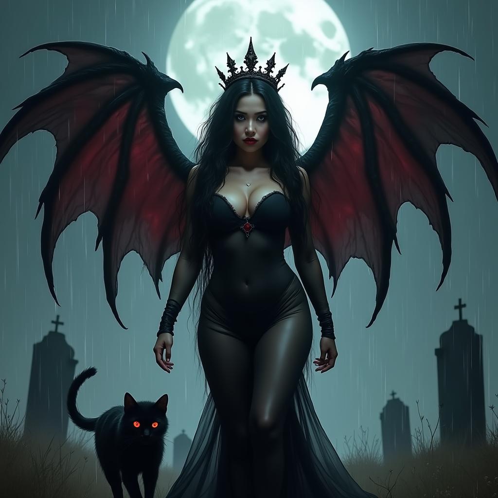 A realistic scene depicting a beautiful, innocent, curvy, sexy girl with very long black, red, and silver hair, complemented by a sweet, soft face adorned with dark gothic makeup