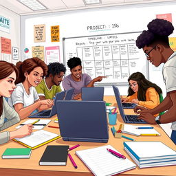 A visually engaging and vibrant digital illustration depicting a diverse group of students collaborating on a project in a classroom setting