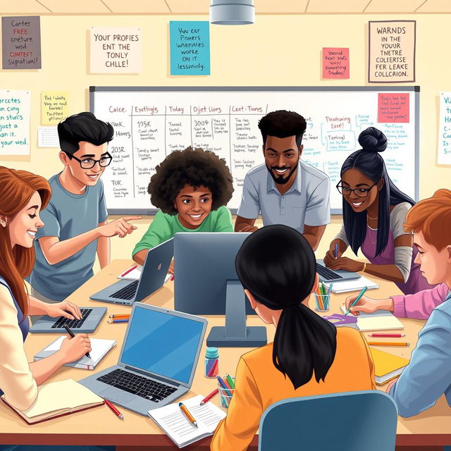 A visually engaging and vibrant digital illustration depicting a diverse group of students collaborating on a project in a classroom setting