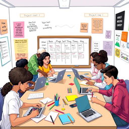 A visually engaging and vibrant digital illustration depicting a diverse group of students collaborating on a project in a classroom setting