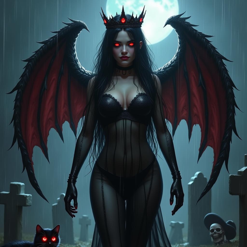 A realistic scene featuring a beautiful, innocent, curvy, sexy girl with very long black, red, and silver hair, her sweet, soft face adorned with dark gothic makeup