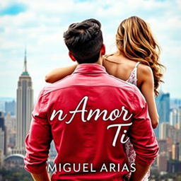 A visually striking design featuring a young man viewed from the back, with a young woman affectionately embracing him from behind