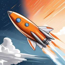 A high-quality digital art illustration of a classic projectile-shaped rocket, colored orange with patches of paint worn off due to wear and tear