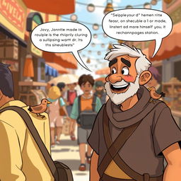 In the bustling marketplace scene, illustrate Theo as he approaches a cheerful street performer with a tiny clay bird on his shoulder