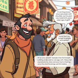 In the bustling marketplace scene, illustrate Theo as he approaches a cheerful street performer with a tiny clay bird on his shoulder
