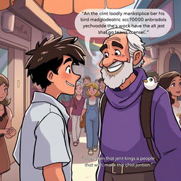 In the bustling marketplace scene, illustrate Theo as he approaches a cheerful street performer with a tiny clay bird on his shoulder