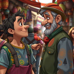 In the lively marketplace setting, depict Theo, a curious young potter, approaching a street performer with a tiny clay bird perched on his shoulder