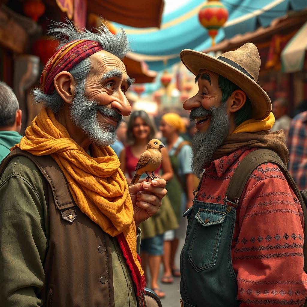 In the lively marketplace setting, depict Theo, a curious young potter, approaching a street performer with a tiny clay bird perched on his shoulder