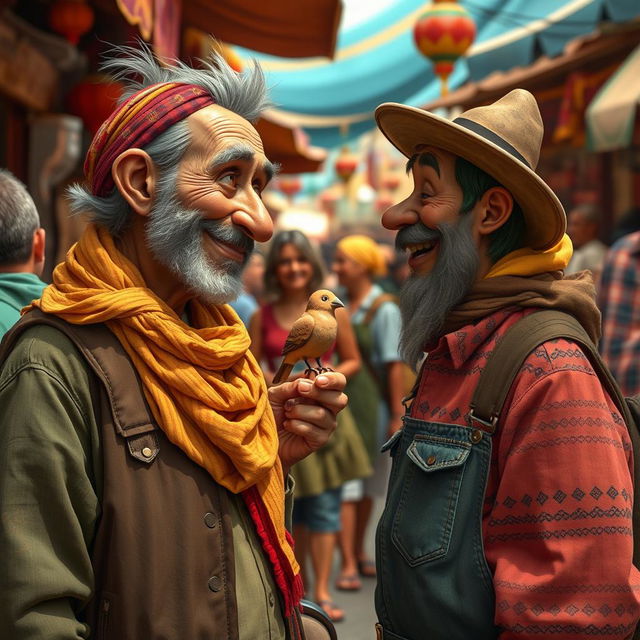 In the lively marketplace setting, depict Theo, a curious young potter, approaching a street performer with a tiny clay bird perched on his shoulder