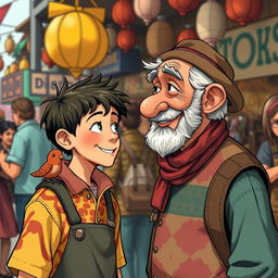 In the lively marketplace setting, depict Theo, a curious young potter, approaching a street performer with a tiny clay bird perched on his shoulder