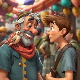 In the lively marketplace setting, depict Theo, a curious young potter, approaching a street performer with a tiny clay bird perched on his shoulder