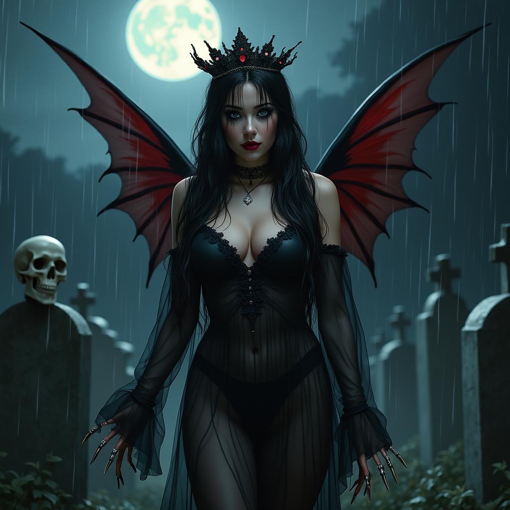 A realistic scene featuring a beautiful, innocent, curvy, sexy girl with very long black, red, and silver hair, her sweet, soft face highlighted by dark gothic makeup