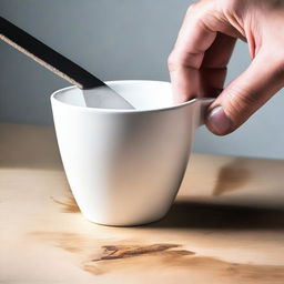 A high-quality, real-life photograph showing a real white cup being cut with a kitchen knife until it is split in two