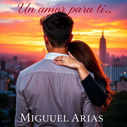 A romantic cover featuring a young man seen from the back, with a young woman gently holding him from behind, creating an intimate moment
