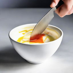 A high-quality, real-life photograph showing a real white cup being cut with a kitchen knife until it is split in two