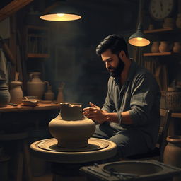 Inside a cozy, dimly lit workshop, portray Theo sitting at his pottery wheel, deeply introspective as he gazes at a half-formed clay pot before him