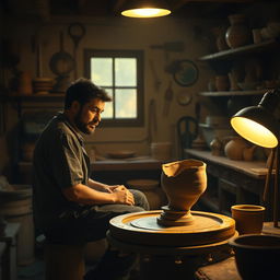Inside a cozy, dimly lit workshop, portray Theo sitting at his pottery wheel, deeply introspective as he gazes at a half-formed clay pot before him