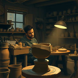 Inside a cozy, dimly lit workshop, portray Theo sitting at his pottery wheel, deeply introspective as he gazes at a half-formed clay pot before him