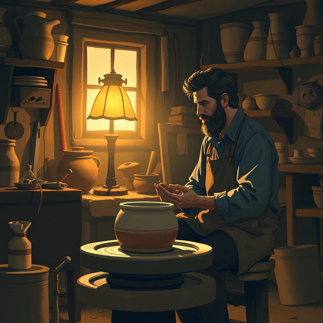 Inside a cozy, dimly lit workshop, portray Theo sitting at his pottery wheel, deeply introspective as he gazes at a half-formed clay pot before him