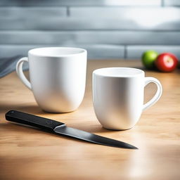 A high-quality, real-life photograph showing a real white cup being cut with a kitchen knife until it is split in two