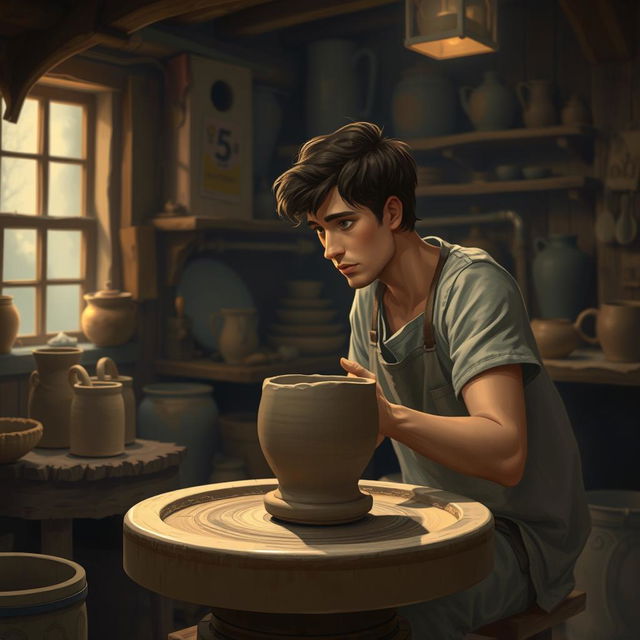 In a cozy, dimly lit workshop, depict a young Theo, perhaps in his early twenties, sitting at his pottery wheel