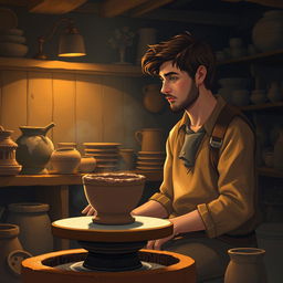 In a cozy, dimly lit workshop, depict a young Theo, perhaps in his early twenties, sitting at his pottery wheel