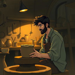 In a cozy, dimly lit workshop, depict a young Theo, perhaps in his early twenties, sitting at his pottery wheel