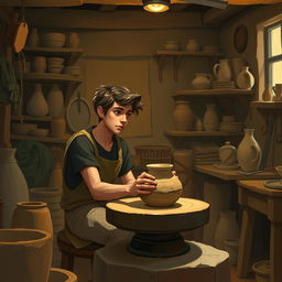 In a cozy, dimly lit workshop, depict a young Theo, perhaps in his early twenties, sitting at his pottery wheel