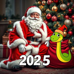 A beautiful and bright Santa Claus, dressed in a luxurious red fur coat with a fluffy white collar and a matching red hat, is happily seated next to an exquisitely decorated New Year tree adorned with sparkling ornaments and twinkling lights