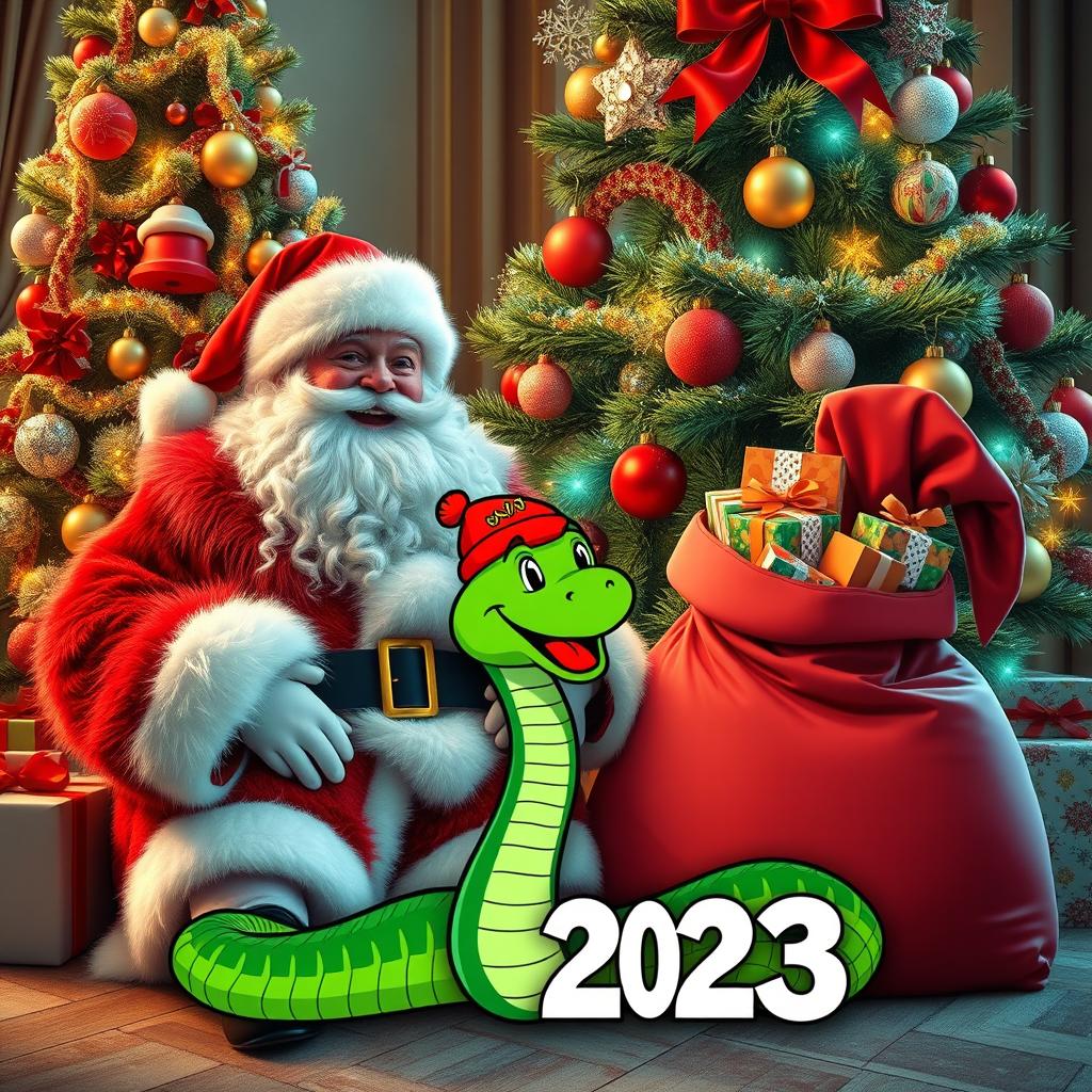 A beautiful and bright Santa Claus, dressed in a luxurious red fur coat with a fluffy white collar and a matching red hat, is happily seated next to an exquisitely decorated New Year tree adorned with sparkling ornaments and twinkling lights