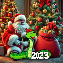 A beautiful and bright Santa Claus, dressed in a luxurious red fur coat with a fluffy white collar and a matching red hat, is happily seated next to an exquisitely decorated New Year tree adorned with sparkling ornaments and twinkling lights