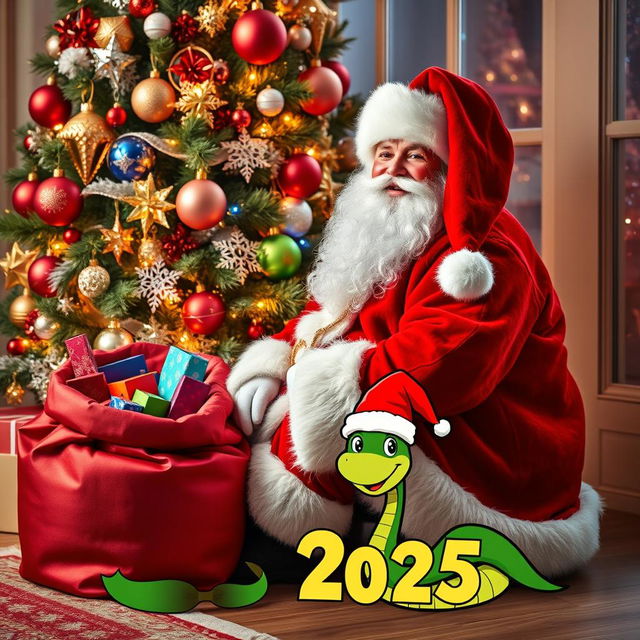 A beautiful and bright Santa Claus, dressed in a luxurious red fur coat with a fluffy white collar and a matching red hat, is happily seated next to an exquisitely decorated New Year tree adorned with sparkling ornaments and twinkling lights