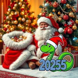 A beautiful and bright Santa Claus, dressed in a luxurious red fur coat with a fluffy white collar and a matching red hat, is happily seated next to an exquisitely decorated New Year tree adorned with sparkling ornaments and twinkling lights