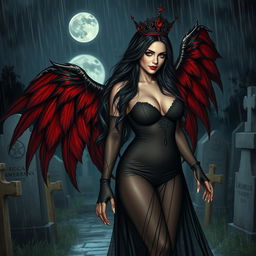 A realistic scene featuring a beautiful, innocent, curvy, sexy girl with very long black, red, and silver hair flowing around her