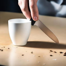 A high-quality, real-life photograph showing a real white cup being cut with a kitchen knife until it is split in two