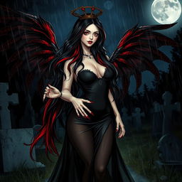 A realistic scene featuring a beautiful, innocent, curvy, sexy girl with very long black, red, and silver hair flowing around her
