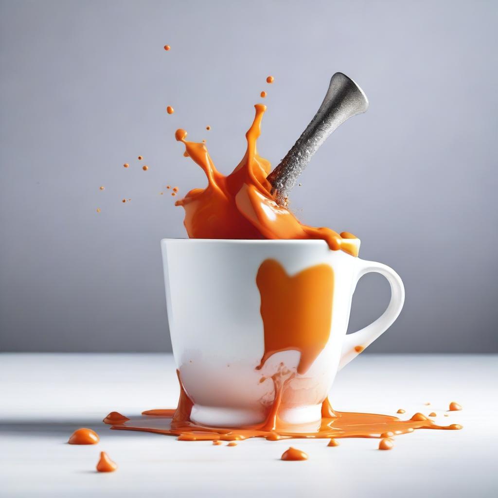 A high-resolution, real-life photograph capturing the moment a real white cup is hit with a hammer until it splits in two