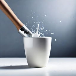 A high-resolution, real-life photograph capturing the moment a real white cup is hit with a hammer until it splits in two