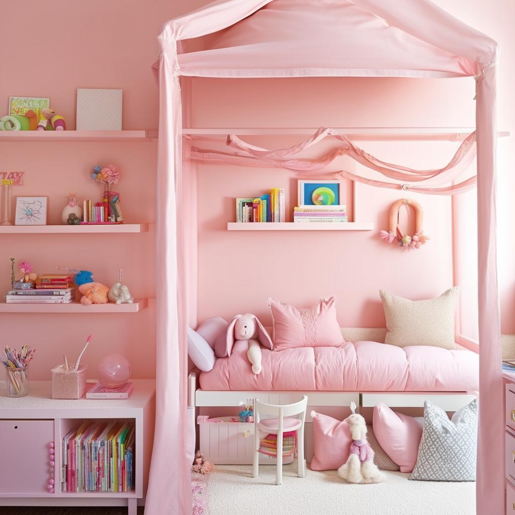 A youthful and sweet girl's room featuring pastel colors, fluffy pillows, a canopy bed, shelves filled with books and toys, and a dedicated study area.