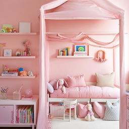 A youthful and sweet girl's room featuring pastel colors, fluffy pillows, a canopy bed, shelves filled with books and toys, and a dedicated study area.