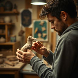 In the warm, inviting workshop, capture the moment as Theo gently picks up the imperfect clay bird from the performer's shoulder