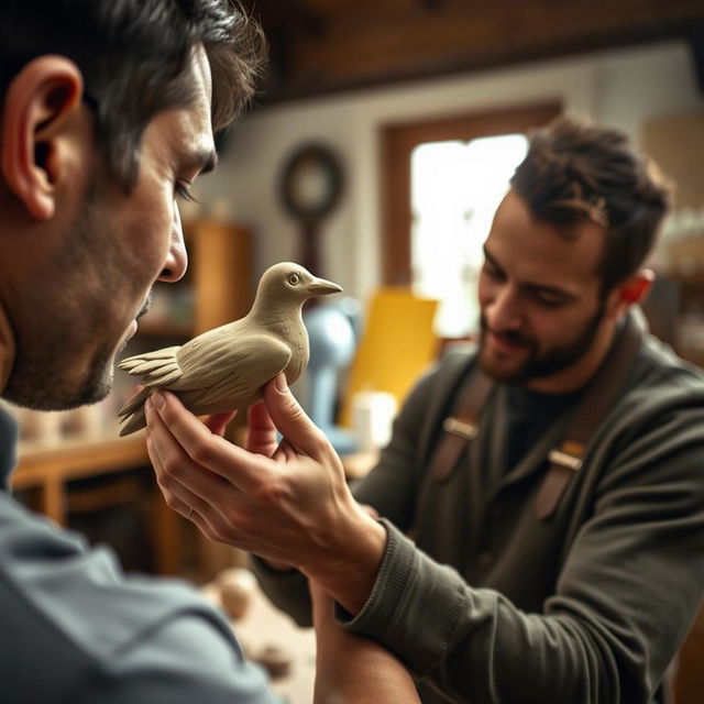 In the warm, inviting workshop, capture the moment as Theo gently picks up the imperfect clay bird from the performer's shoulder