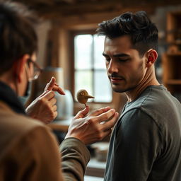 In the warm, inviting workshop, capture the moment as Theo gently picks up the imperfect clay bird from the performer's shoulder