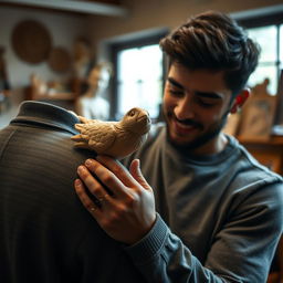 In the warm, inviting workshop, capture the moment as Theo gently picks up the imperfect clay bird from the performer's shoulder