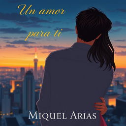 A beautifully designed cover illustration featuring a young man seen from the back, with a young woman tenderly embracing him from behind, symbolizing love and connection