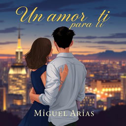 A beautifully designed cover illustration featuring a young man seen from the back, with a young woman tenderly embracing him from behind, symbolizing love and connection