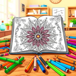 A whimsical illustration of a colorful coloring book page featuring an intricate mandala design, surrounded by vibrant crayons scattered around