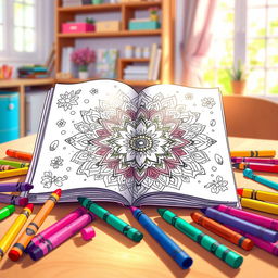 A whimsical illustration of a colorful coloring book page featuring an intricate mandala design, surrounded by vibrant crayons scattered around